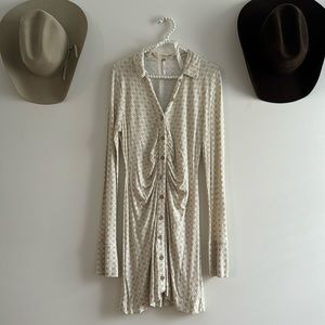 Free People Summer Long Sleeve Button Down Cream Patterned Dress or Duster